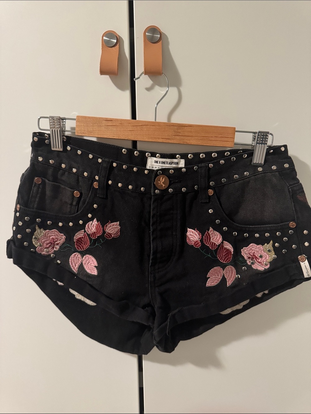 One Teaspoon Black Denim Shorts with Pink Floral Embroidery